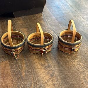 3 Small Handcrafted Multicolor Woven Baskets red, blue, green woven accents.